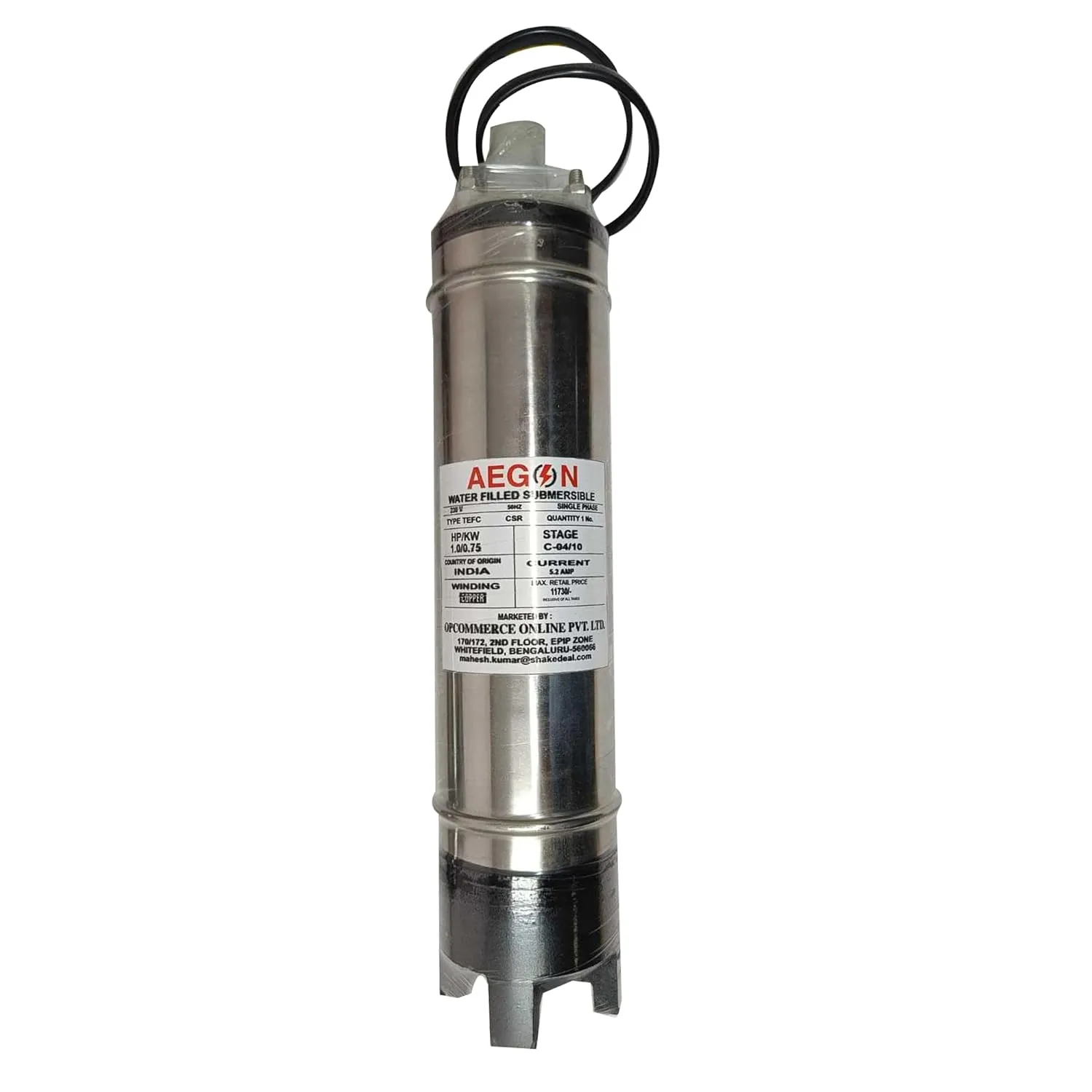 Aegon HydroMax Series 1 HP Borewell Submersible Pump, Water Filled, 10 Stage Pump, 42 Meter Head, 5000 LPH