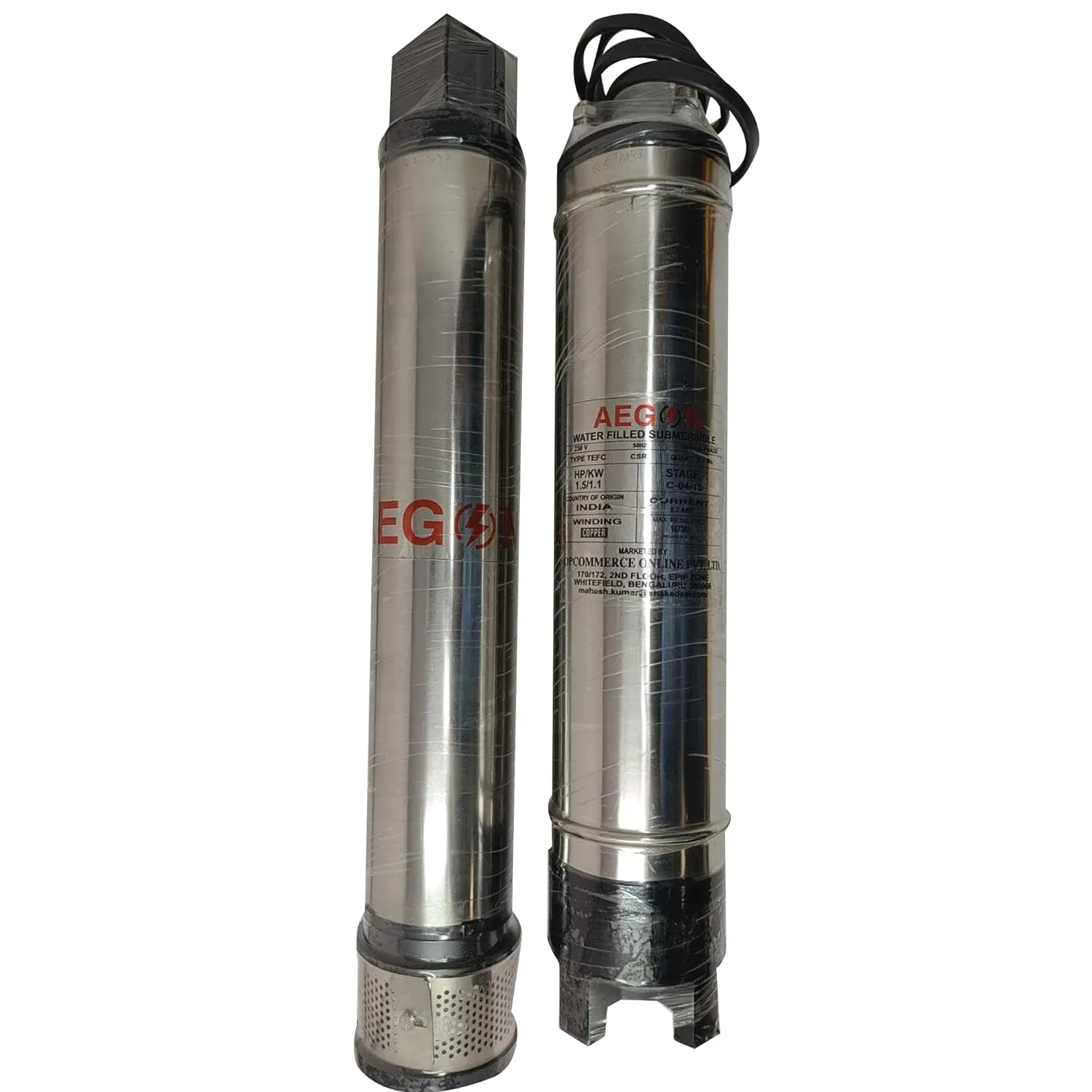 Aegon HydroMax Series 1.5 HP Borewell Submersible Pump, Water Filled, 15 Stage, 75mtrs Head, 9000 LPH