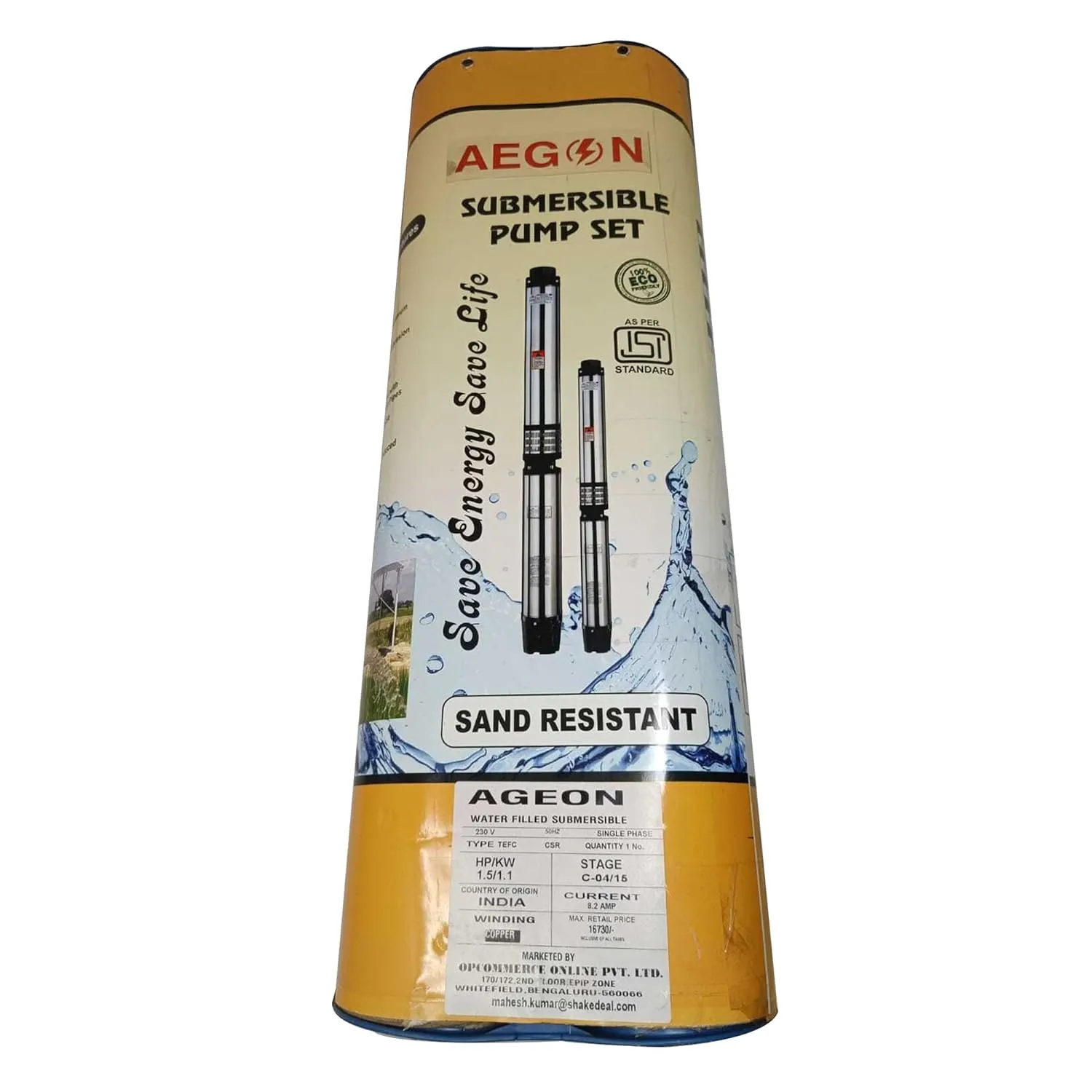 Aegon HydroMax Series 1.5 HP Borewell Submersible Pump, Water Filled, 15 Stage, 75mtrs Head, 9000 LPH