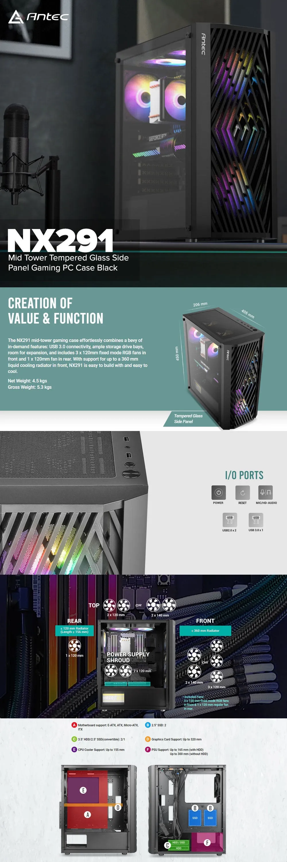 Antec NX291 Mid Tower Tempered Glass Side Panel Gaming PC Case Black