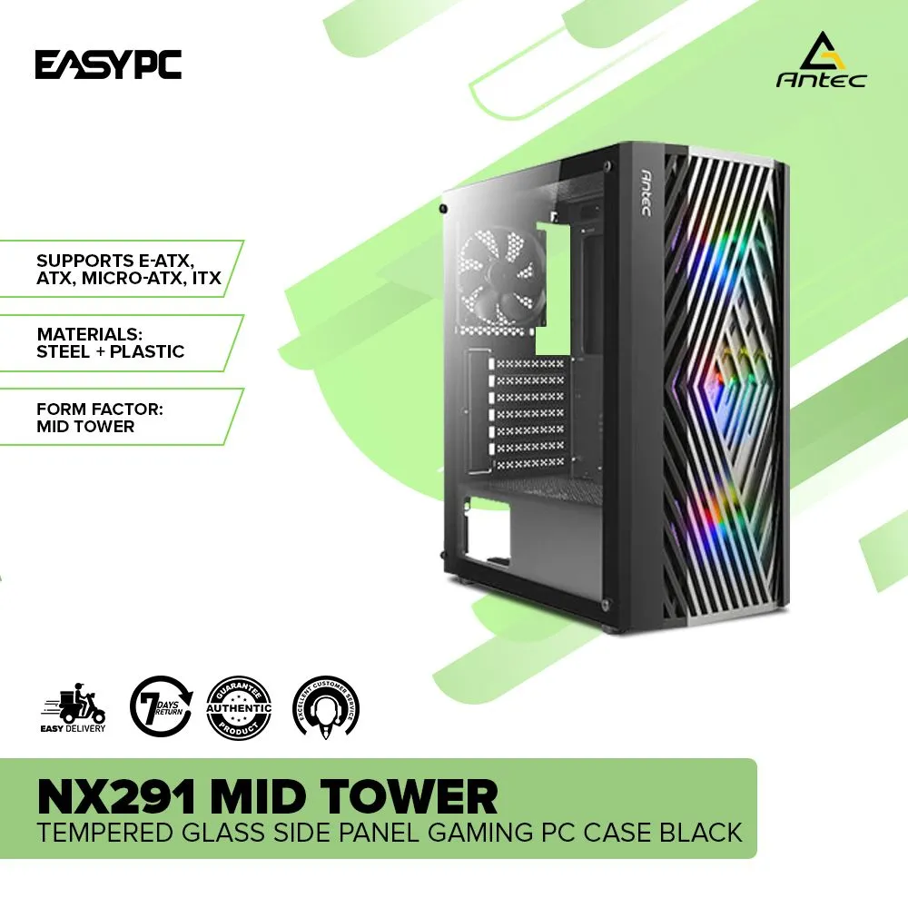 Antec NX291 Mid Tower Tempered Glass Side Panel Gaming PC Case Black