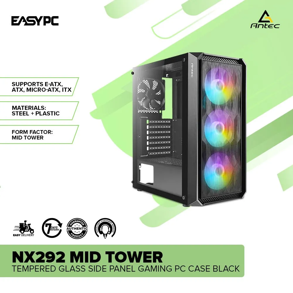 Antec NX292 Mid Tower Tempered Glass Side Panel Gaming PC Case Black