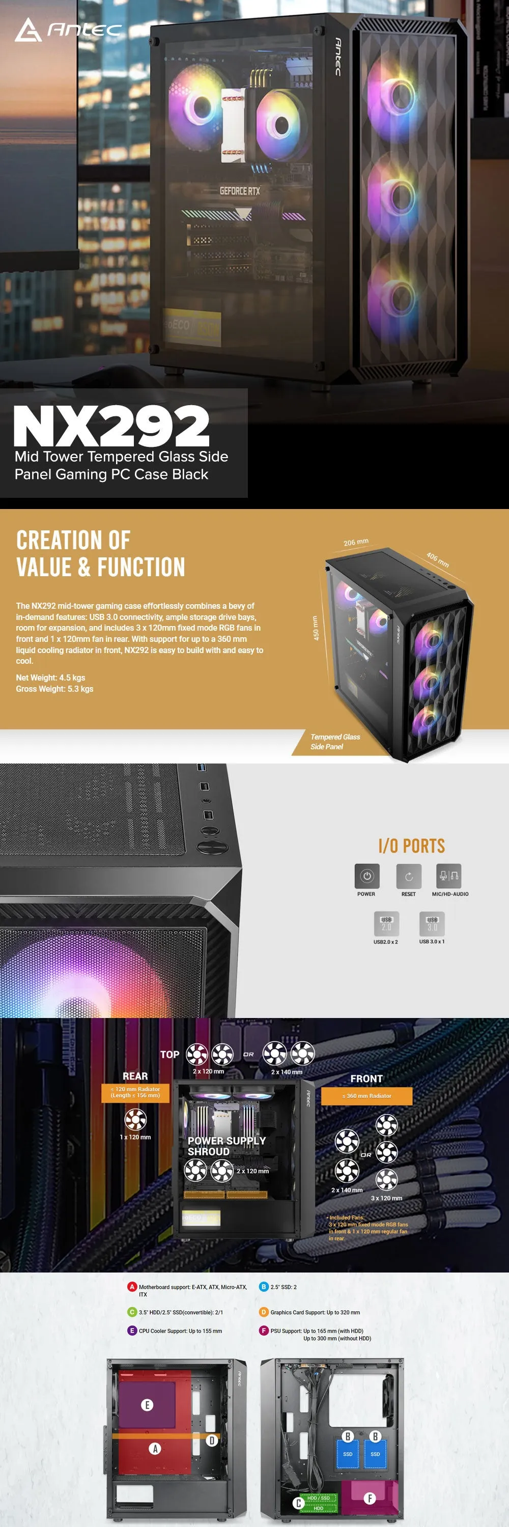 Antec NX292 Mid Tower Tempered Glass Side Panel Gaming PC Case Black