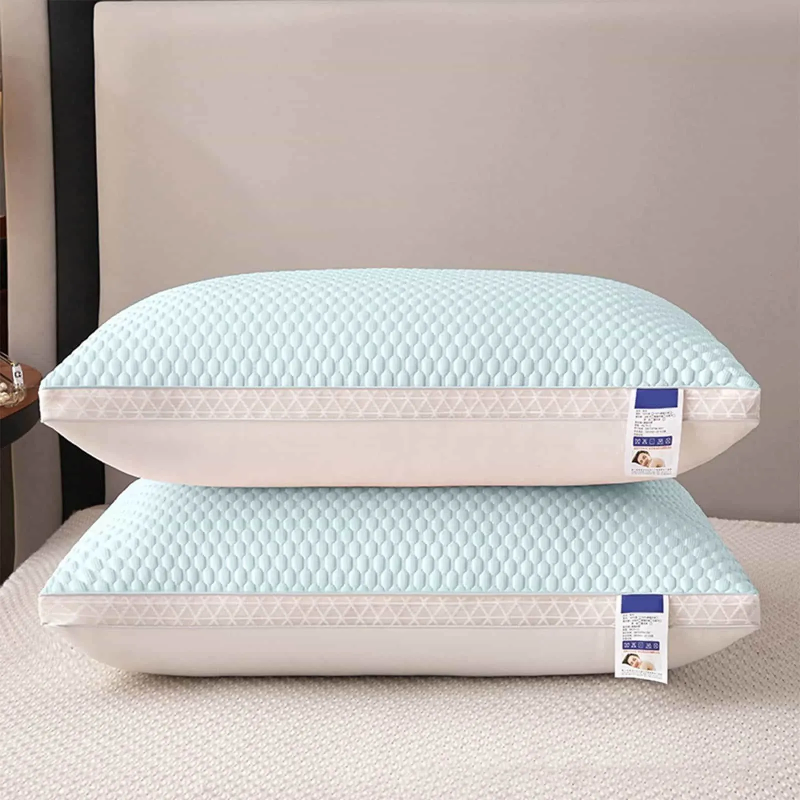 Blue Iced Bean Pillowcase Ice Silk Cooling Summer Air Layer Sandwich Cotton Convex Bean Pillowcase£¬2Pack