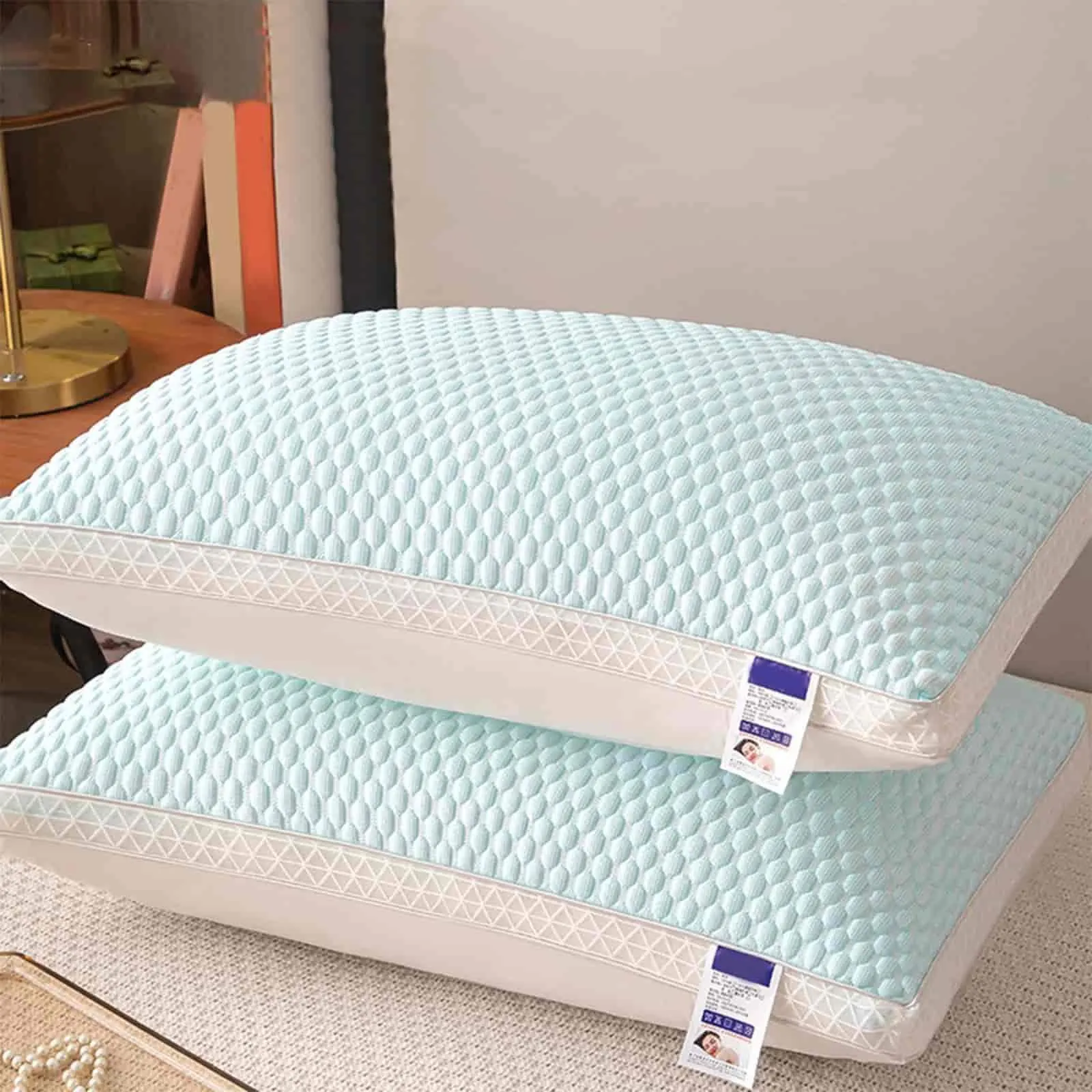 Blue Iced Bean Pillowcase Ice Silk Cooling Summer Air Layer Sandwich Cotton Convex Bean Pillowcase£¬2Pack